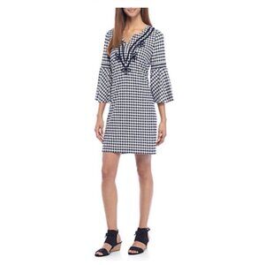 Crown & Ivy Women's Navy/ White Bell Sleeve Rope Dress Sz. Small Stretch Plaid